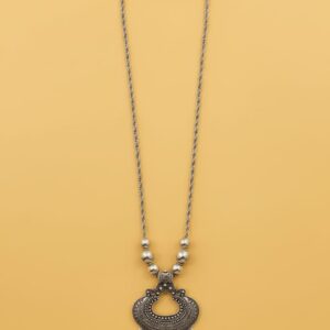 Oxidised Silver Tribal Crescent Pendant Long Necklace